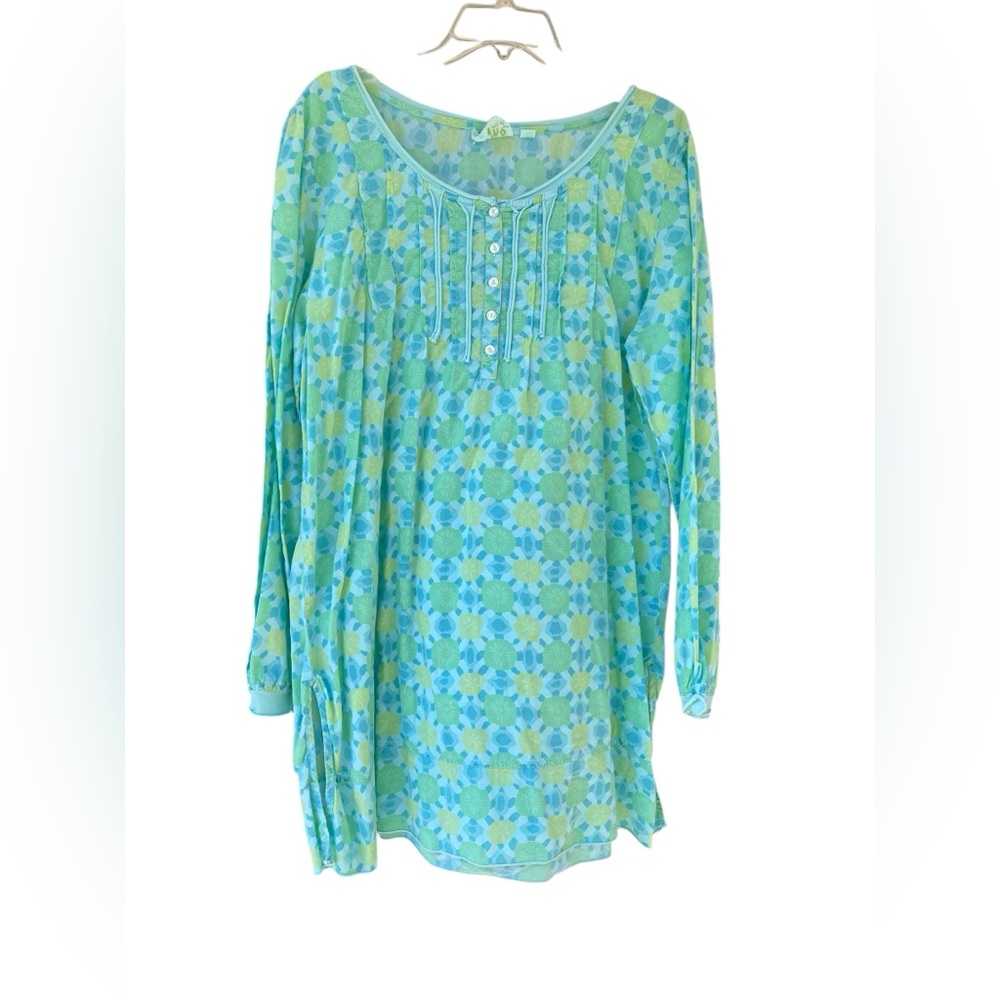 ME! Size XL women’s Vibrant Green and Blue Floral Tunic Cotton Lagenlook